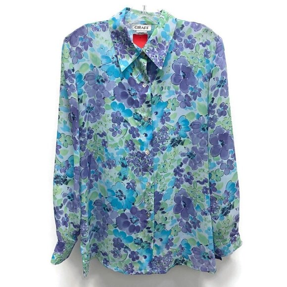 Graff light Blue & Green Floral Button Up Blouse - Picture 1 of 2